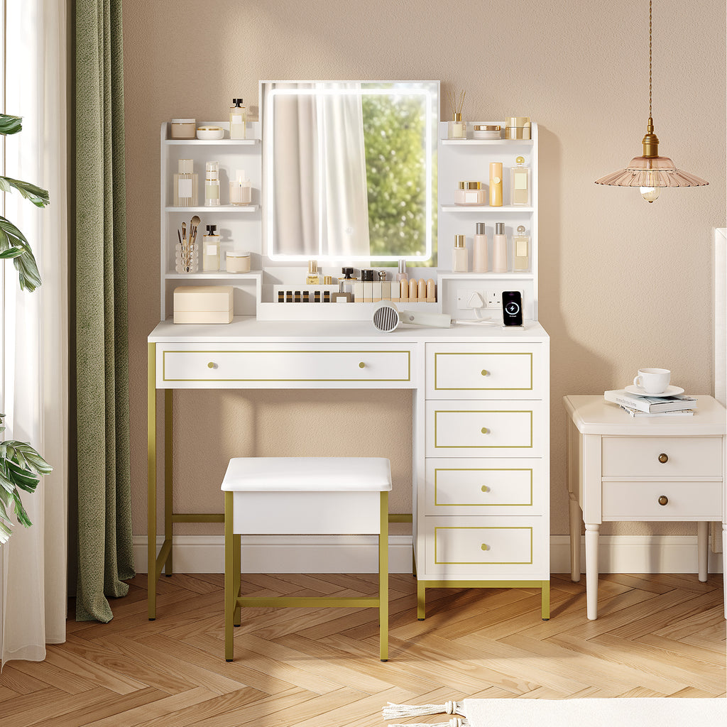 Hzuaneri Dressing Table, Vanity Desk with Soft Stool, HD Mirror and Adjustable LED Lights, Makeup Table with Socket and USB, 5 Drawers, Open Storage Compartment, Luxury Style, White-Gold DT352HDT