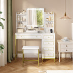 Hzuaneri Dressing Table, Vanity Desk with Soft Stool, HD Mirror and Adjustable LED Lights, Makeup Table with Socket and USB, 5 Drawers, Open Storage Compartment, Luxury Style, White-Gold DT352HDT