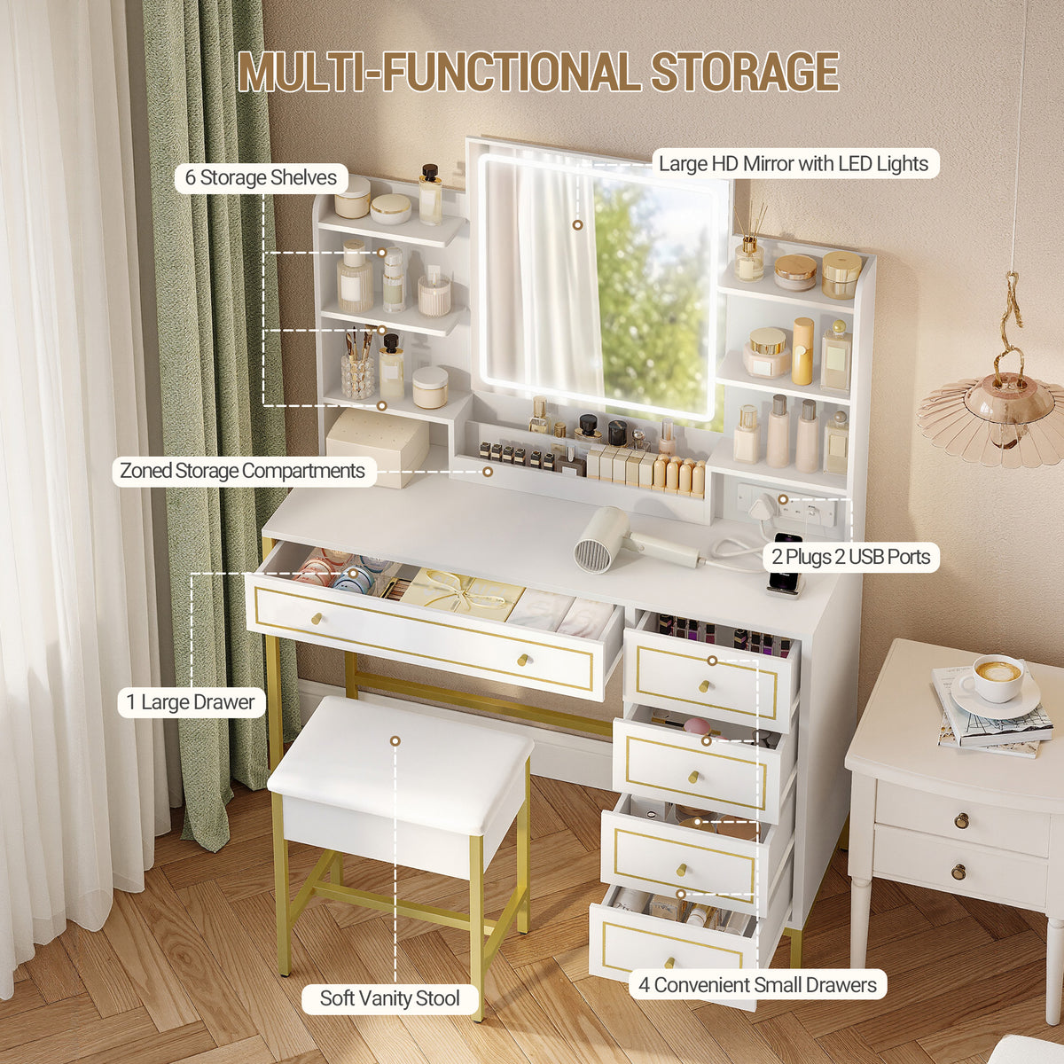 Hzuaneri Dressing Table, Vanity Desk with Soft Stool, HD Mirror and Adjustable LED Lights, Makeup Table with Socket and USB, 5 Drawers, Open Storage Compartment, Luxury Style, White-Gold DT352HDT