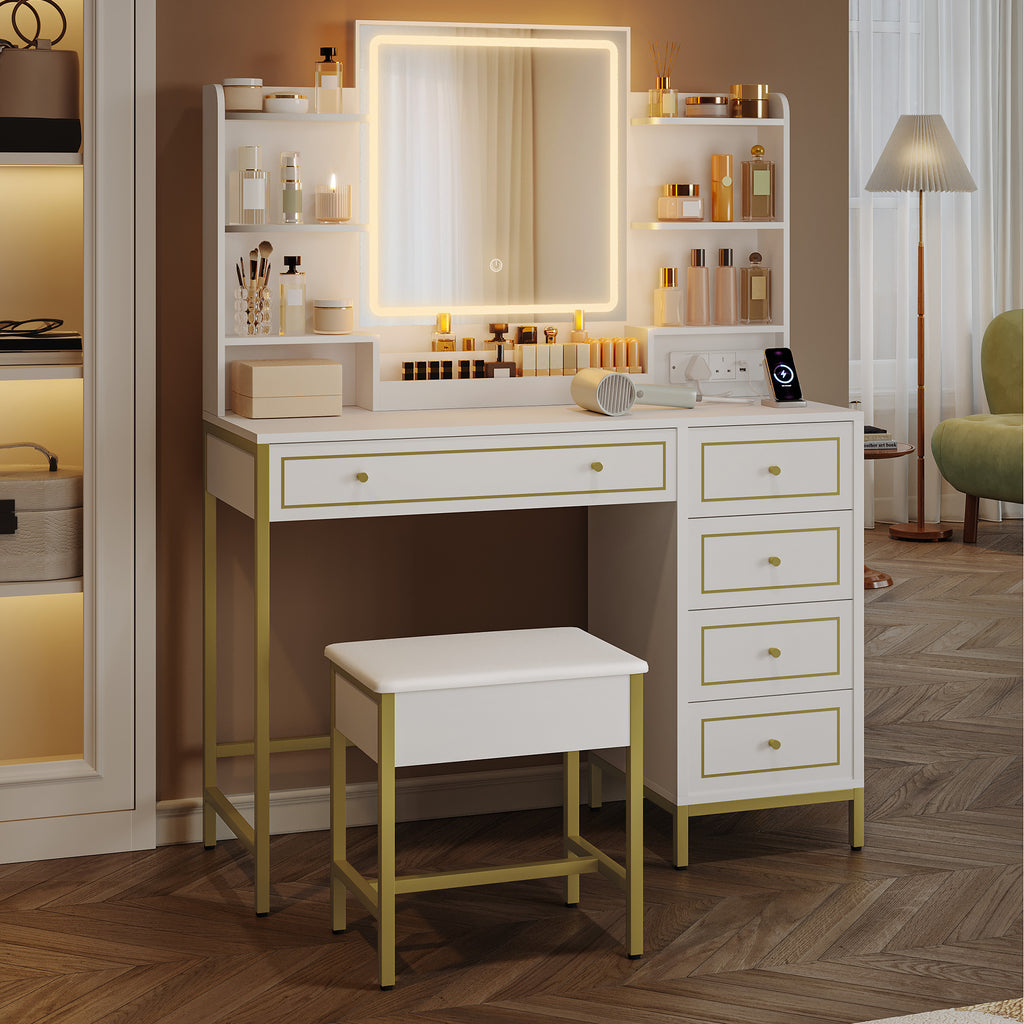 Hzuaneri Dressing Table, Vanity Desk with Soft Stool, HD Mirror and Adjustable LED Lights, Makeup Table with Socket and USB, 5 Drawers, Open Storage Compartment, Luxury Style, White-Gold DT352HDT