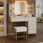 Hzuaneri Dressing Table, Vanity Desk with Soft Stool, HD Mirror and Adjustable LED Lights, Makeup Table with Socket and USB, 5 Drawers, Open Storage Compartment, Luxury Style, White-Gold DT352HDT