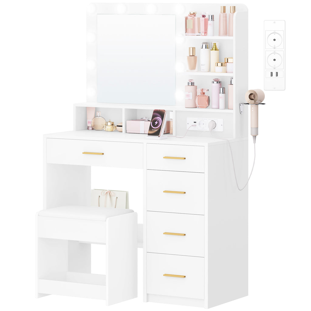 Hzuaneri dressing table with 10 LED lights, stool, vanity table with large mirror, dressing tables with power outlet, hairdryer holder, and multiple drawers, white,DT39003X