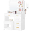 Hzuaneri dressing table with 10 LED lights, stool, vanity table with large mirror, dressing tables with power outlet, hairdryer holder, and multiple drawers, white,DT39003X