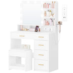 Hzuaneri dressing table with 10 LED lights, stool, vanity table with large mirror, dressing tables with power outlet, hairdryer holder, and multiple drawers, white,DT39003X