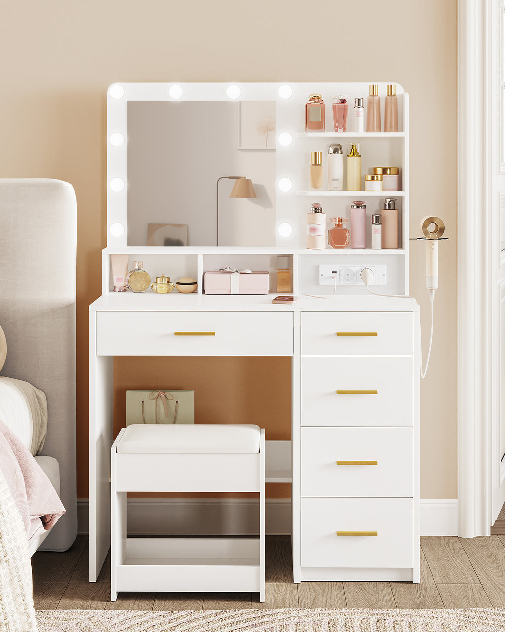 Hzuaneri dressing table with 10 LED lights, stool, vanity table with large mirror, dressing tables with power outlet, hairdryer holder, and multiple drawers, white,DT39003X