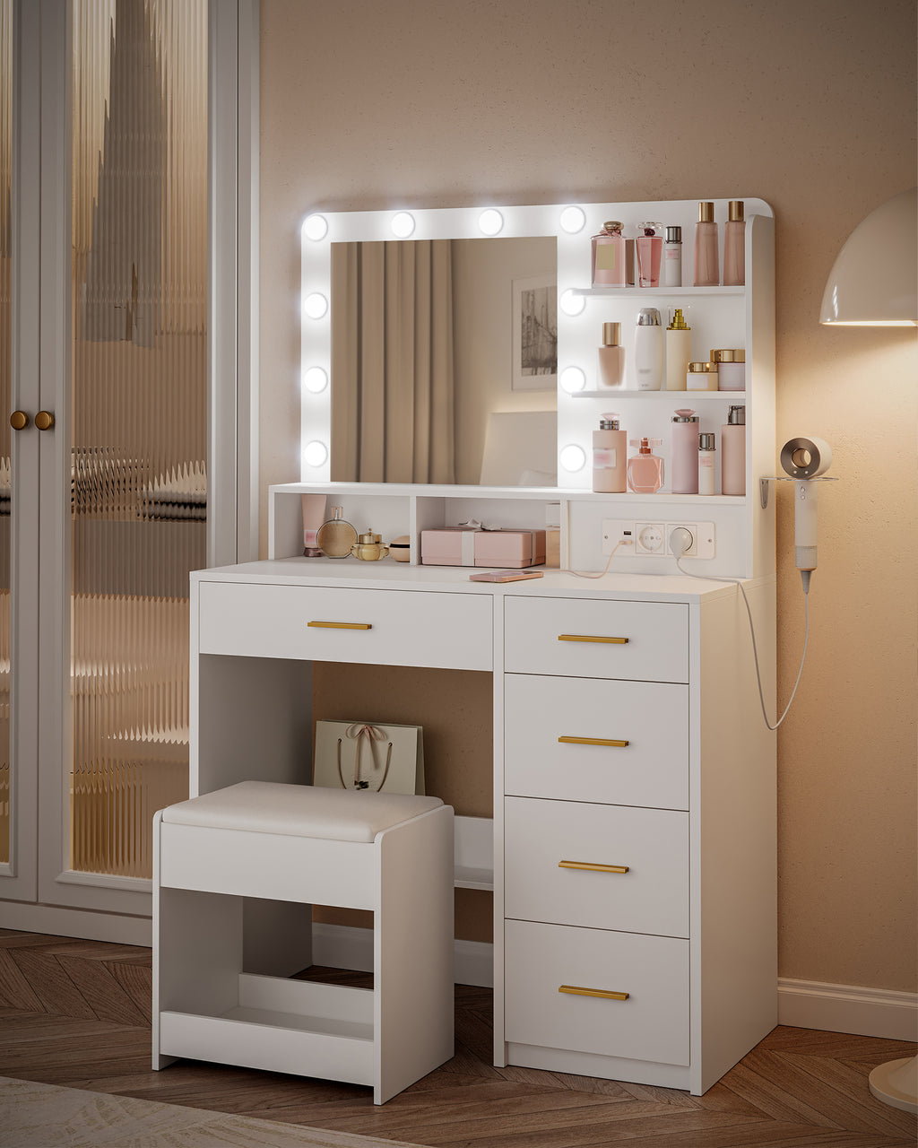 Hzuaneri dressing table with 10 LED lights, stool, vanity table with large mirror, dressing tables with power outlet, hairdryer holder, and multiple drawers, white,DT39003X