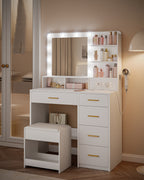 Hzuaneri dressing table with 10 LED lights, stool, vanity table with large mirror, dressing tables with power outlet, hairdryer holder, and multiple drawers, white,DT39003X