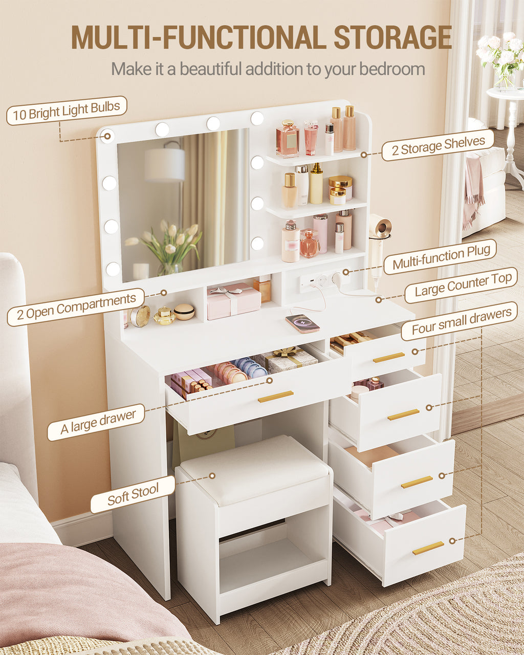 Hzuaneri dressing table with 10 LED lights, stool, vanity table with large mirror, dressing tables with power outlet, hairdryer holder, and multiple drawers, white,DT39003X