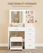 Hzuaneri dressing table with 10 LED lights, stool, vanity table with large mirror, dressing tables with power outlet, hairdryer holder, and multiple drawers, white,DT39003X