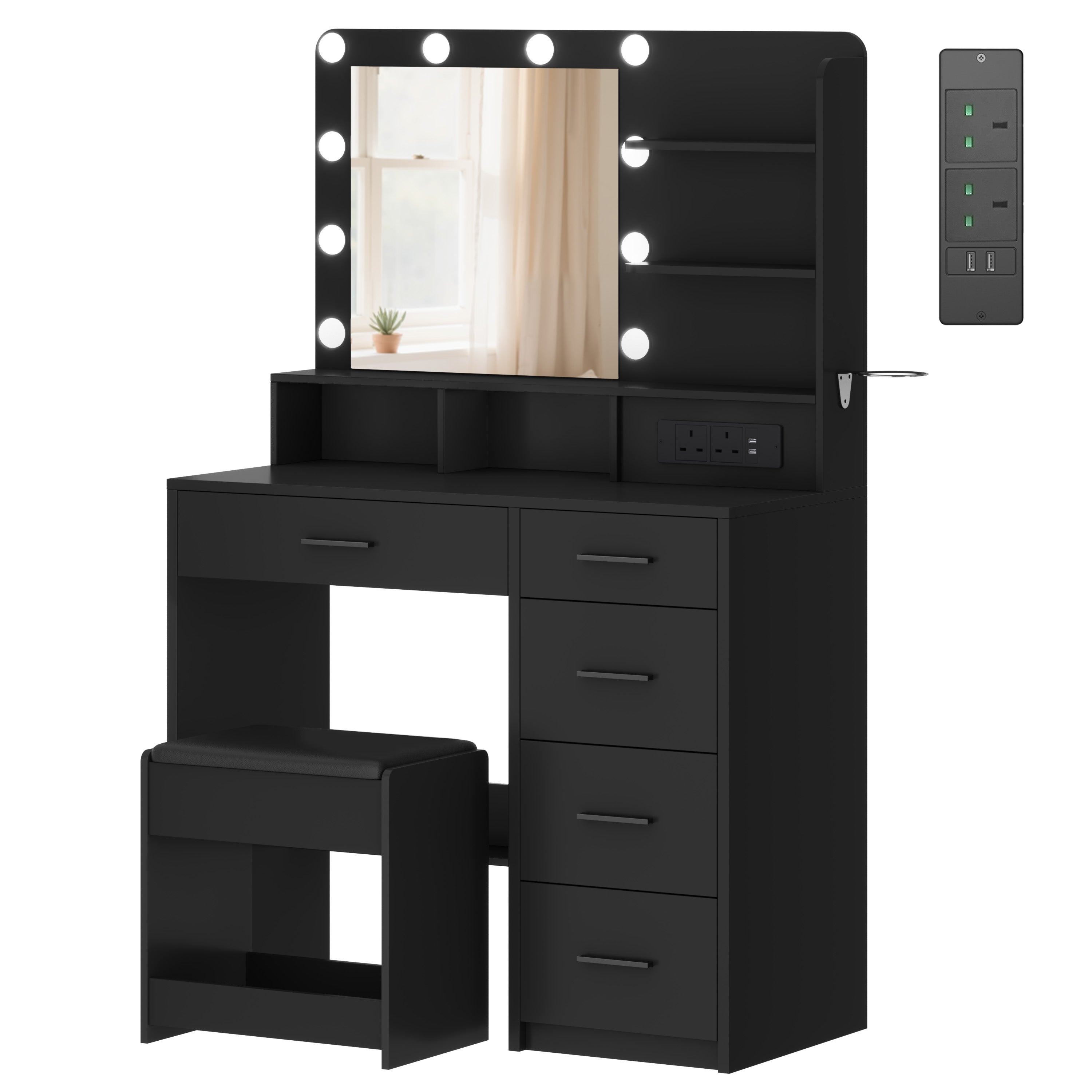 Hzuaneri dressing table with 10 LED lights, stool, vanity table with large mirror, dressing tables with power outlet, hairdryer holder, and multiple drawers, black DT39006X