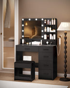 Hzuaneri dressing table with 10 LED lights, stool, vanity table with large mirror, dressing tables with power outlet, hairdryer holder, and multiple drawers, black DT39006X