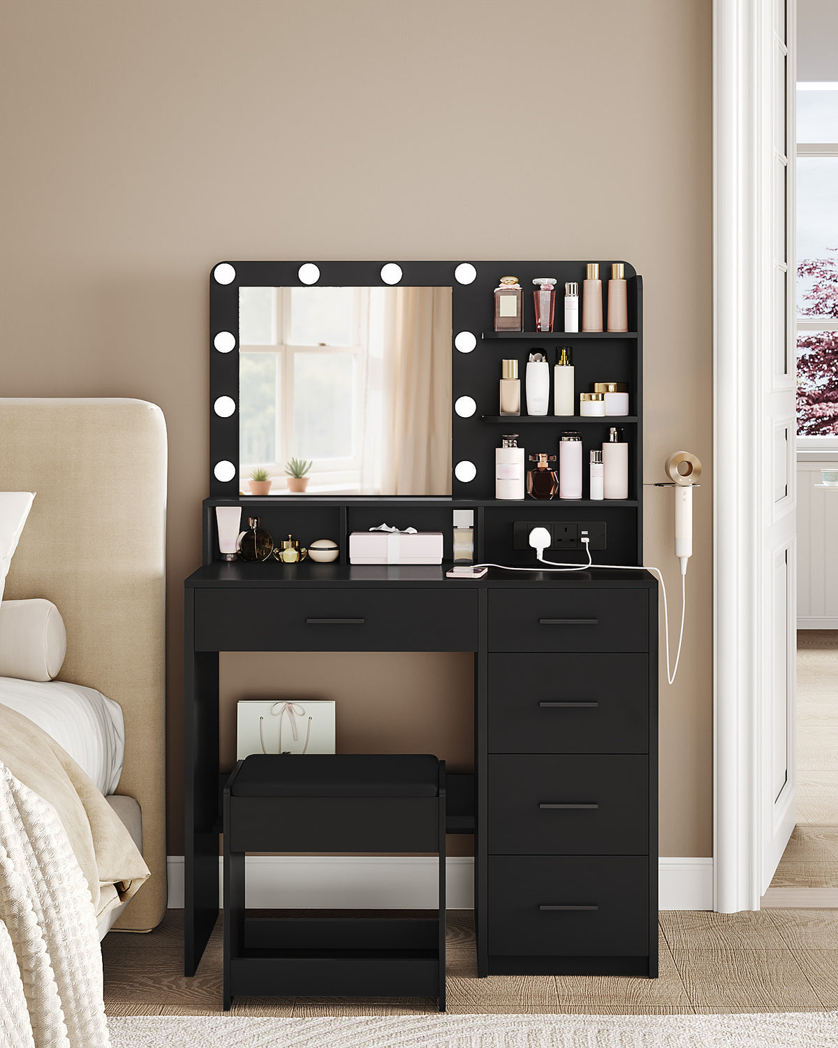 Hzuaneri dressing table with 10 LED lights, stool, vanity table with large mirror, dressing tables with power outlet, hairdryer holder, and multiple drawers, black DT39006X