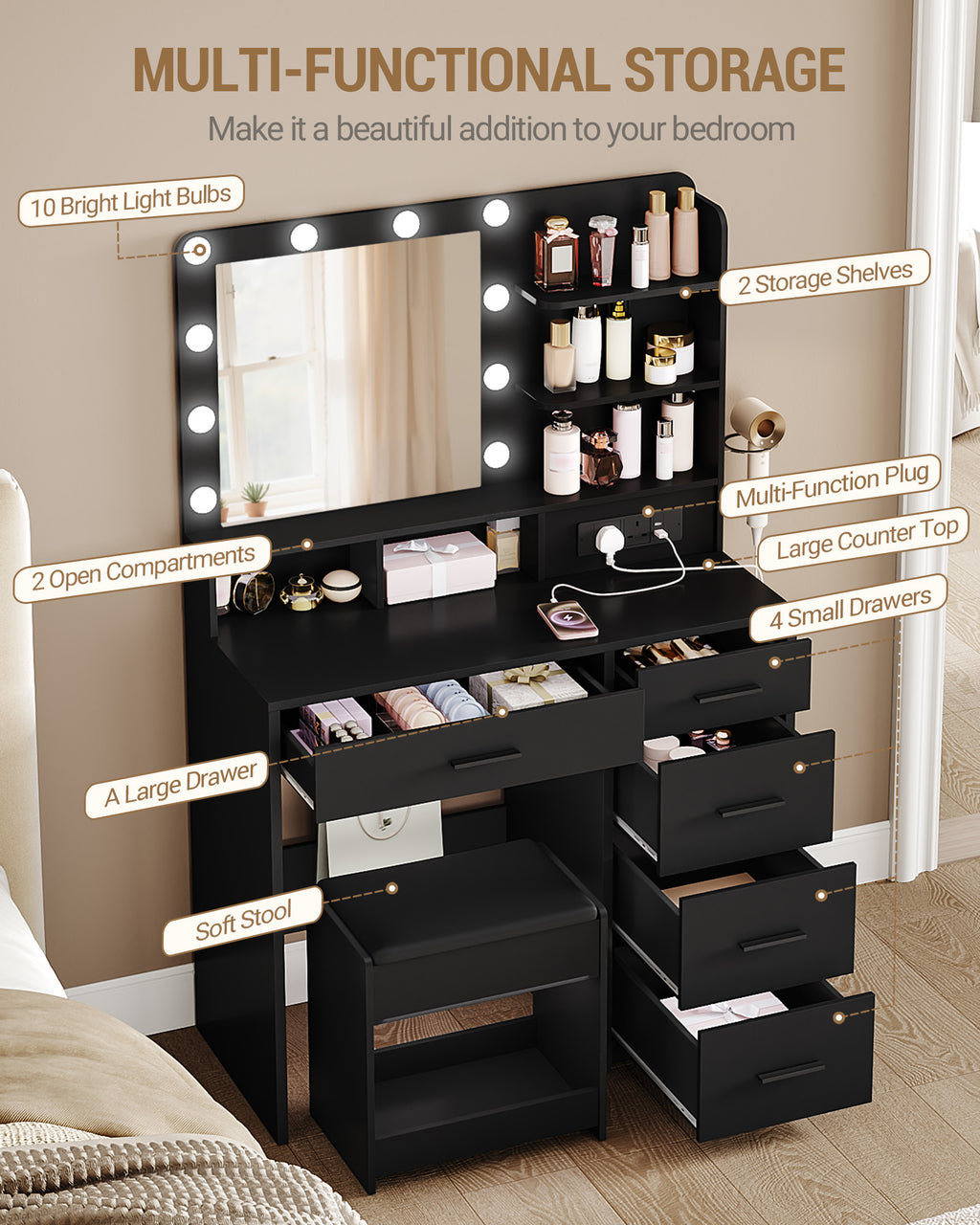Hzuaneri dressing table with 10 LED lights, stool, vanity table with large mirror, dressing tables with power outlet, hairdryer holder, and multiple drawers, black DT39006X