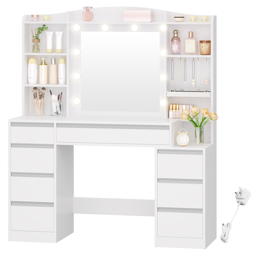 Hzuaneri dressing table with 8 drawers, large mirror with RGB LED lighting, integrated jewelry tray, 100 cm wide worktop with bedside table, white DT41103X