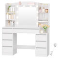 Hzuaneri dressing table with 8 drawers, large mirror with RGB LED lighting, integrated jewelry tray, 100 cm wide worktop with bedside table, white DT41103X