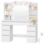 Hzuaneri dressing table with 8 drawers, large mirror with RGB LED lighting, integrated jewelry tray, 100 cm wide worktop with bedside table, white DT41103X