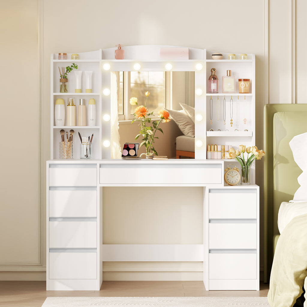 Hzuaneri dressing table with 8 drawers, large mirror with RGB LED lighting, integrated jewelry tray, 100 cm wide worktop with bedside table, white DT41103X
