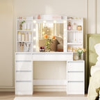 Hzuaneri dressing table with 8 drawers, large mirror with RGB LED lighting, integrated jewelry tray, 100 cm wide worktop with bedside table, white DT41103X