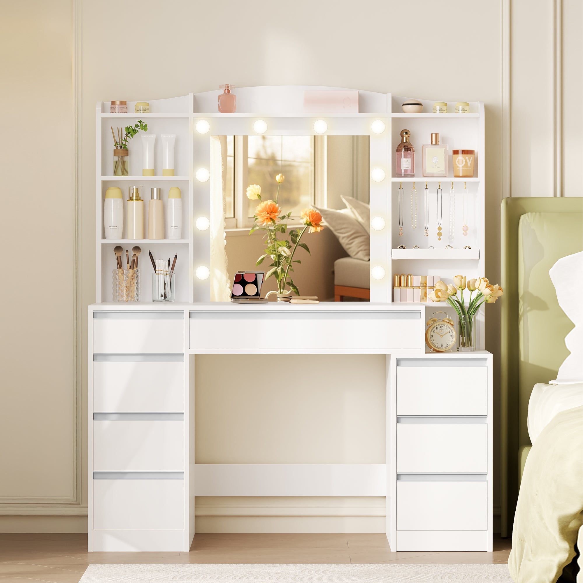 Hzuaneri dressing table with 8 drawers, large mirror with RGB LED lighting, integrated jewelry tray, 100 cm wide worktop with bedside table, white DT41103X