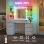 Hzuaneri dressing table with 8 drawers, large mirror with RGB LED lighting, integrated jewelry tray, 100 cm wide worktop with bedside table, white DT41103X