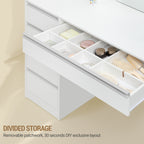 Hzuaneri dressing table with 8 drawers, large mirror with RGB LED lighting, integrated jewelry tray, 100 cm wide worktop with bedside table, white DT41103X
