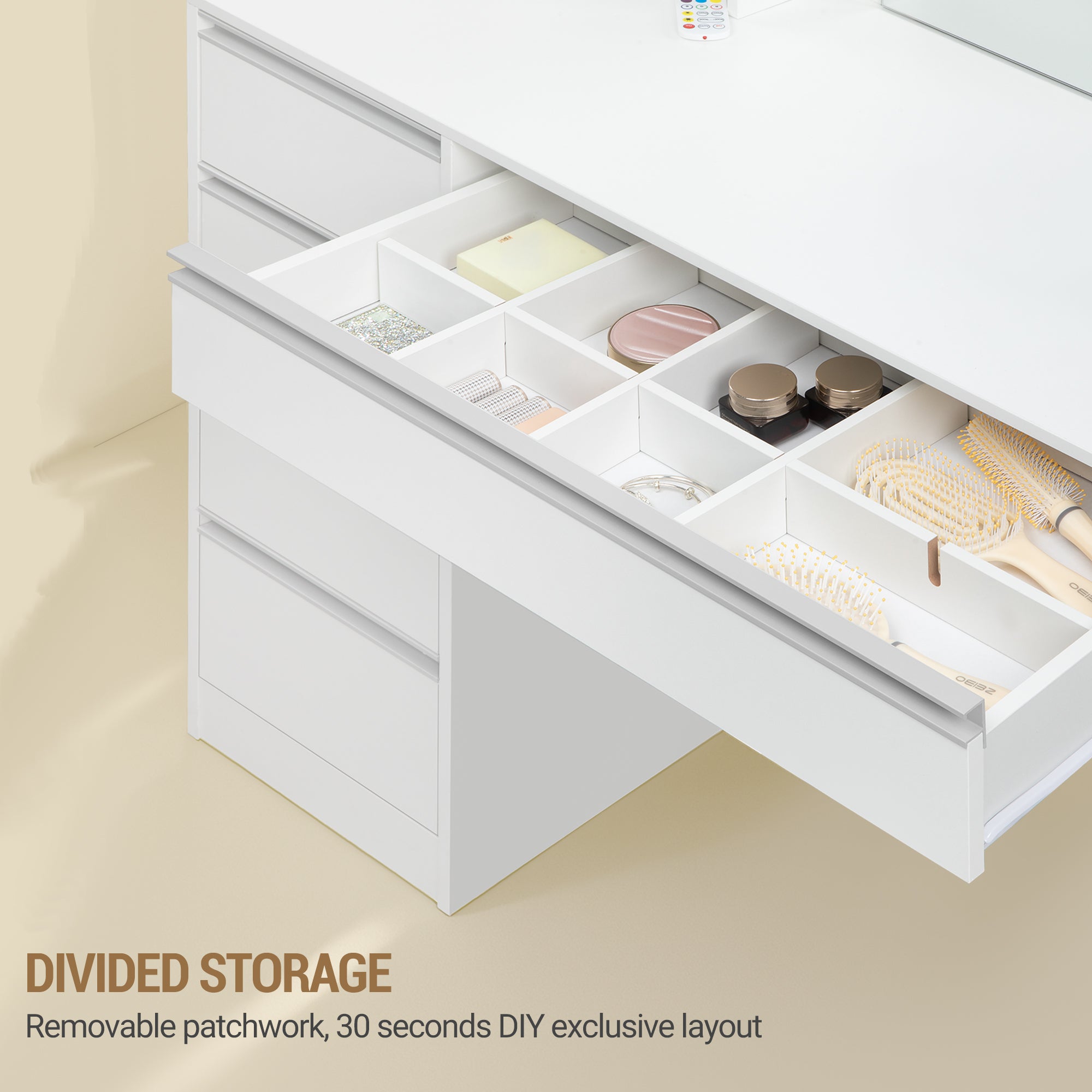 Hzuaneri dressing table with 8 drawers, large mirror with RGB LED lighting, integrated jewelry tray, 100 cm wide worktop with bedside table, white DT41103X