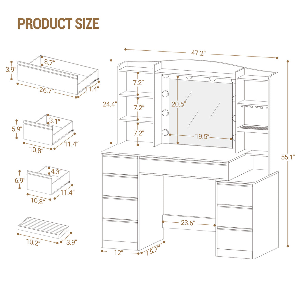 Hzuaneri dressing table with 8 drawers, large mirror with RGB LED lighting, integrated jewelry tray, 100 cm wide worktop with bedside table, white DT41103X