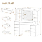 Hzuaneri dressing table with 8 drawers, large mirror with RGB LED lighting, integrated jewelry tray, 100 cm wide worktop with bedside table, white DT41103X