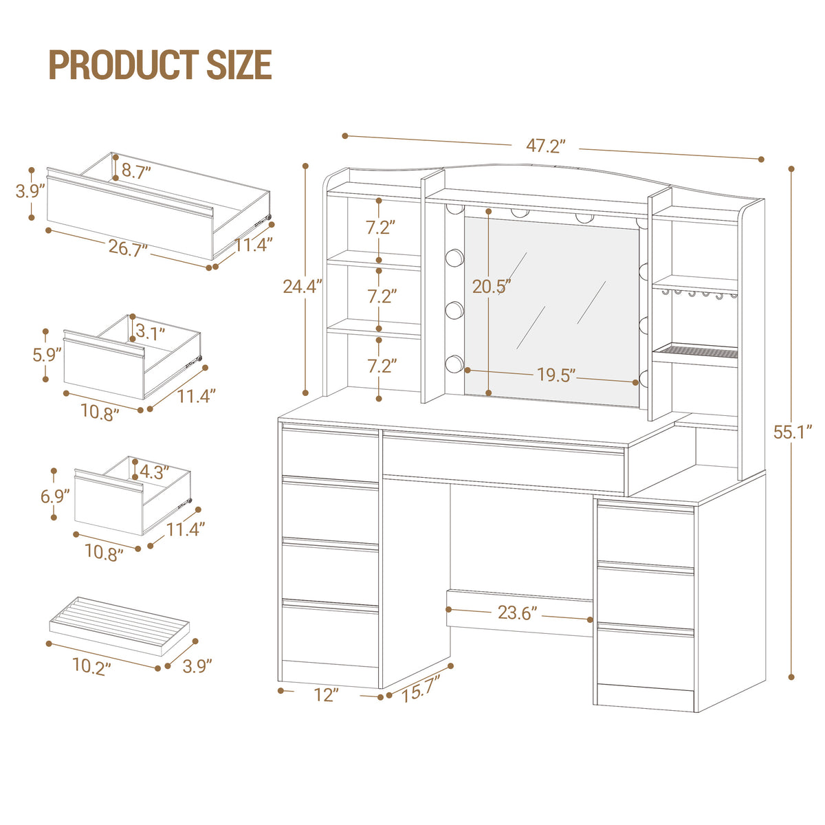 Hzuaneri dressing table with 8 drawers, large mirror with RGB LED lighting, integrated jewelry tray, 100 cm wide worktop with bedside table, white DT41103X