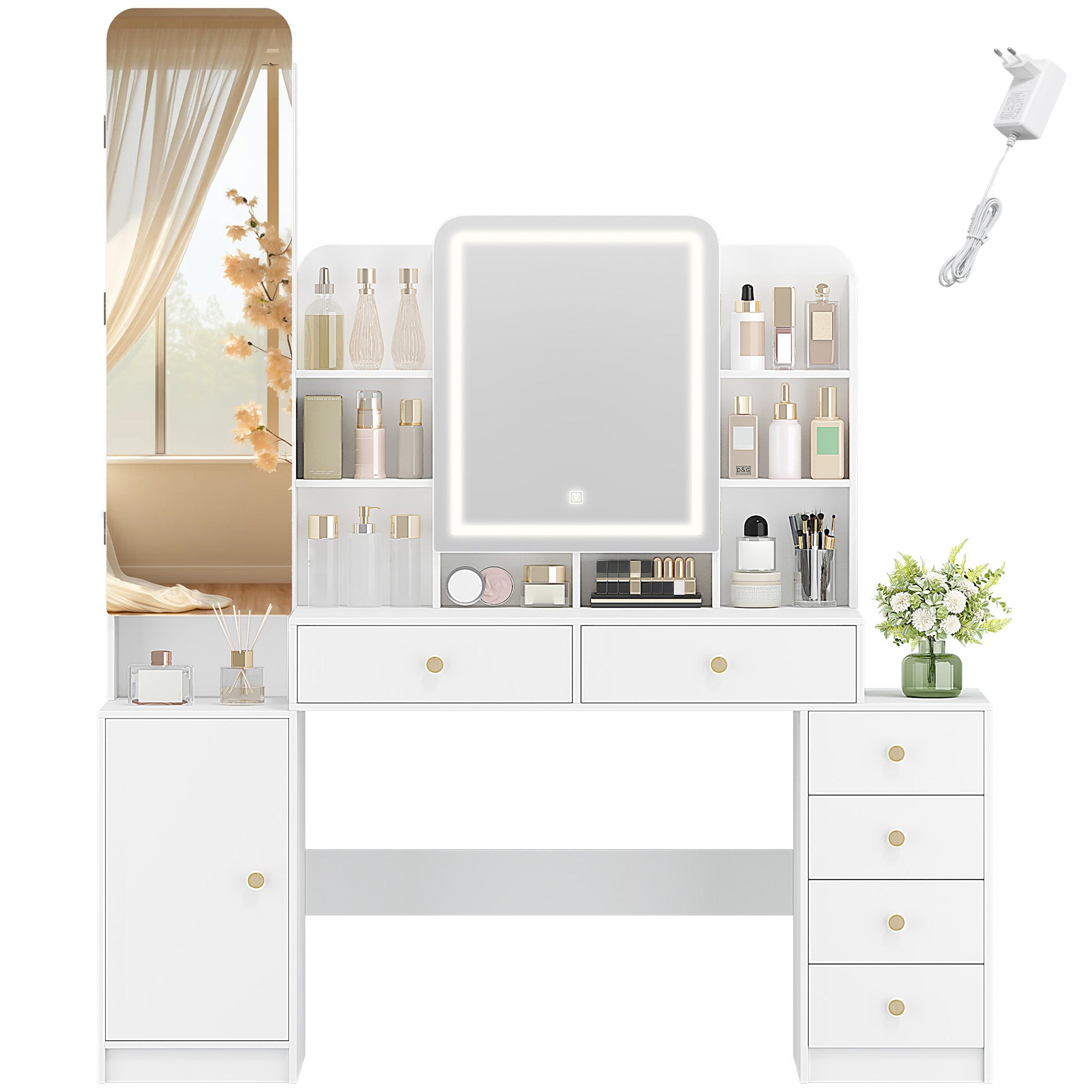 Hzuaneri Large Vanity Table with Lighting, Dressing Table with Mirror and Jewelry Compartment, with 8 Open Compartments, 6 Drawers and 1 Storage Compartment, White DT41803X