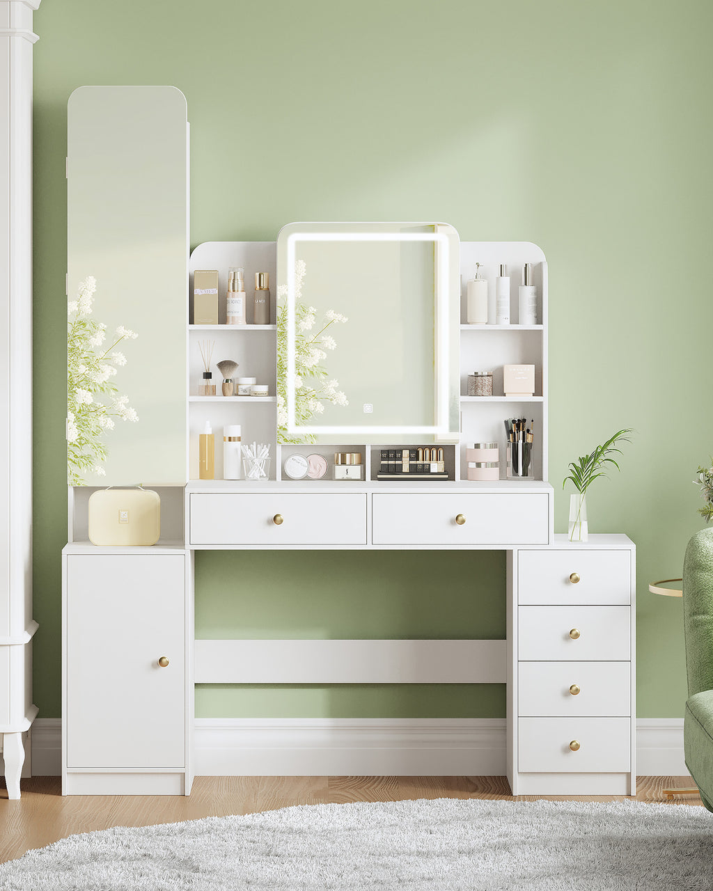 Hzuaneri Large Vanity Table with Lighting, Dressing Table with Mirror and Jewelry Compartment, with 8 Open Compartments, 6 Drawers and 1 Storage Compartment, White DT41803X