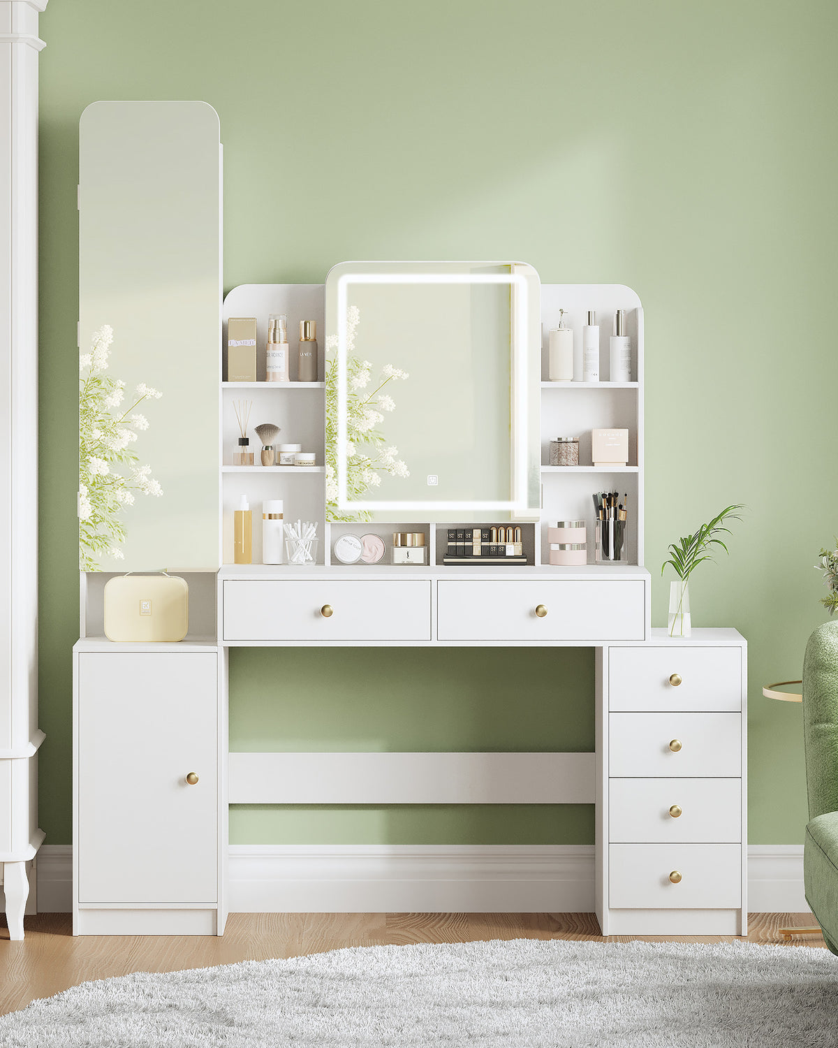 Hzuaneri Large Vanity Table with Lighting, Dressing Table with Mirror and Jewelry Compartment, with 8 Open Compartments, 6 Drawers and 1 Storage Compartment, White DT41803X