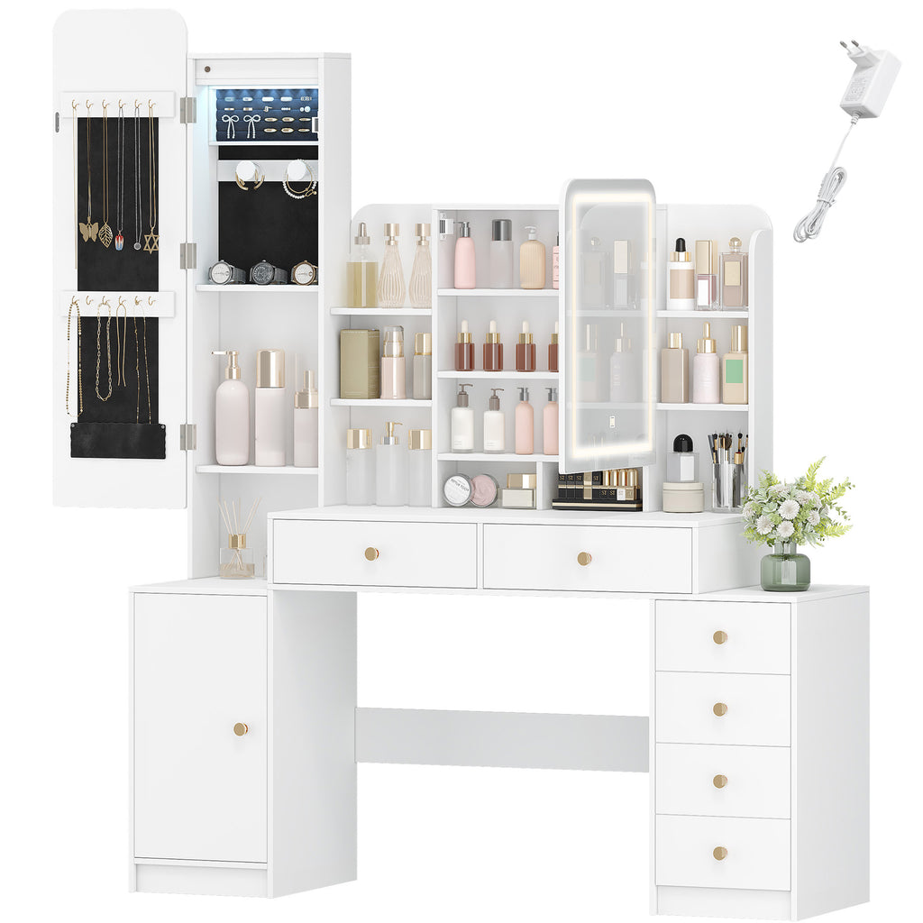 Hzuaneri Large Vanity Table with Lighting, Dressing Table with Mirror and Jewelry Compartment, with 8 Open Compartments, 6 Drawers and 1 Storage Compartment, White DT41803X