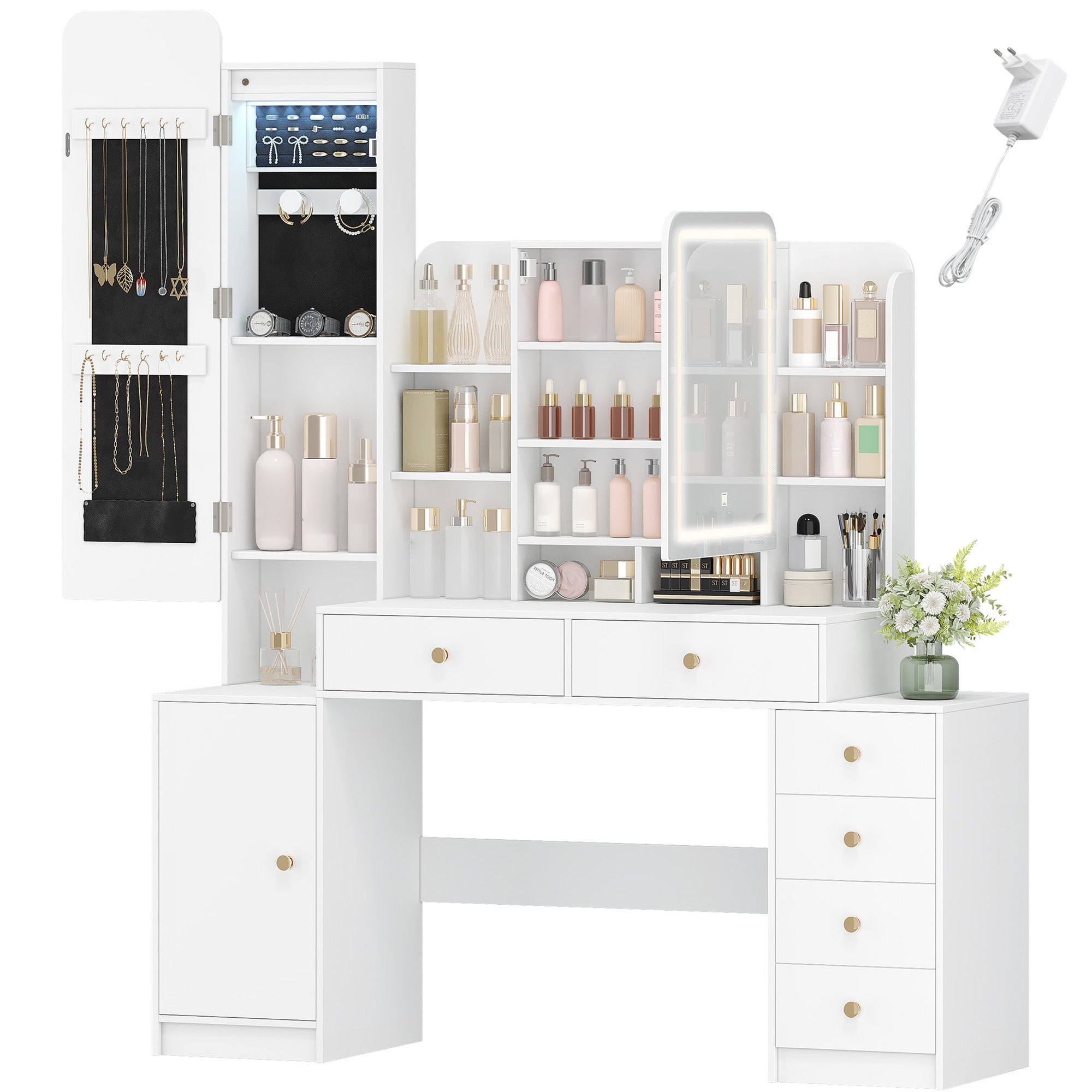 Hzuaneri Large Vanity Table with Lighting, Dressing Table with Mirror and Jewelry Compartment, with 8 Open Compartments, 6 Drawers and 1 Storage Compartment, White DT41803X