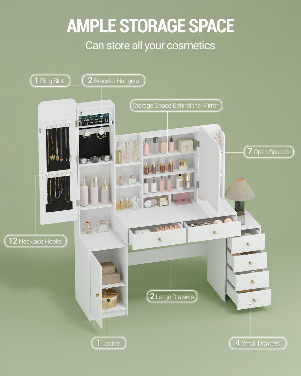 Hzuaneri Large Vanity Table with Lighting, Dressing Table with Mirror and Jewelry Compartment, with 8 Open Compartments, 6 Drawers and 1 Storage Compartment, White DT41803X