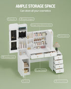 Hzuaneri Large Vanity Table with Lighting, Dressing Table with Mirror and Jewelry Compartment, with 8 Open Compartments, 6 Drawers and 1 Storage Compartment, White DT41803X