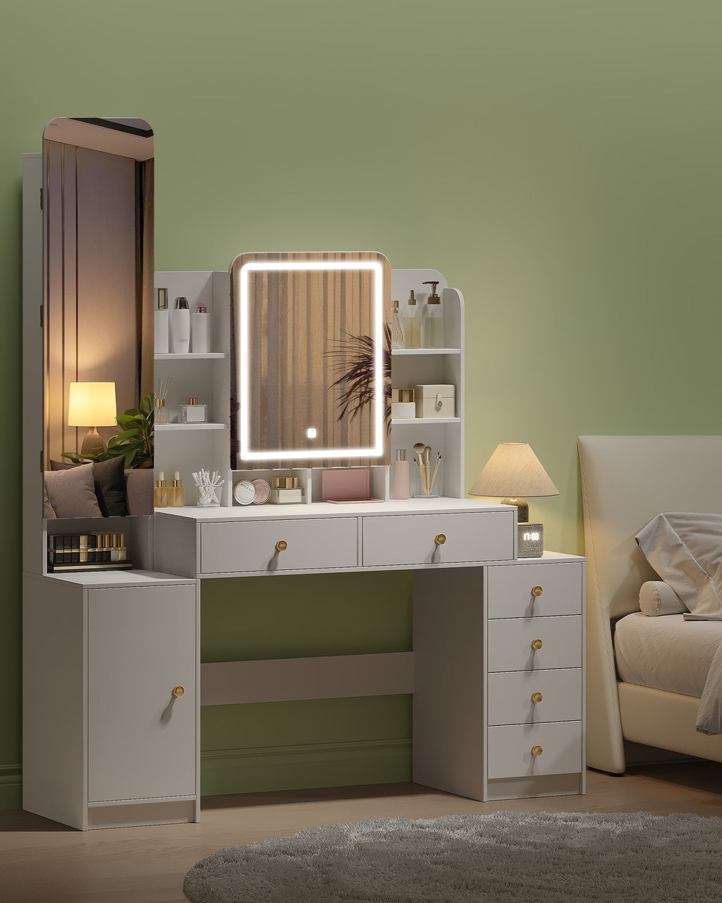 Hzuaneri Large Vanity Table with Lighting, Dressing Table with Mirror and Jewelry Compartment, with 8 Open Compartments, 6 Drawers and 1 Storage Compartment, White DT41803X