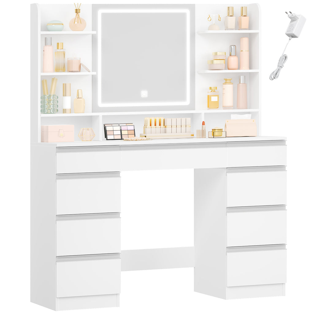 Hzuaneri Large Vanity Table with LED Lighting, 3 Colors, Brightness Control, Vanity Table with Mirror, 9 Drawers, 9 Open Shelves, Modern Style, White-Silver DT41903W