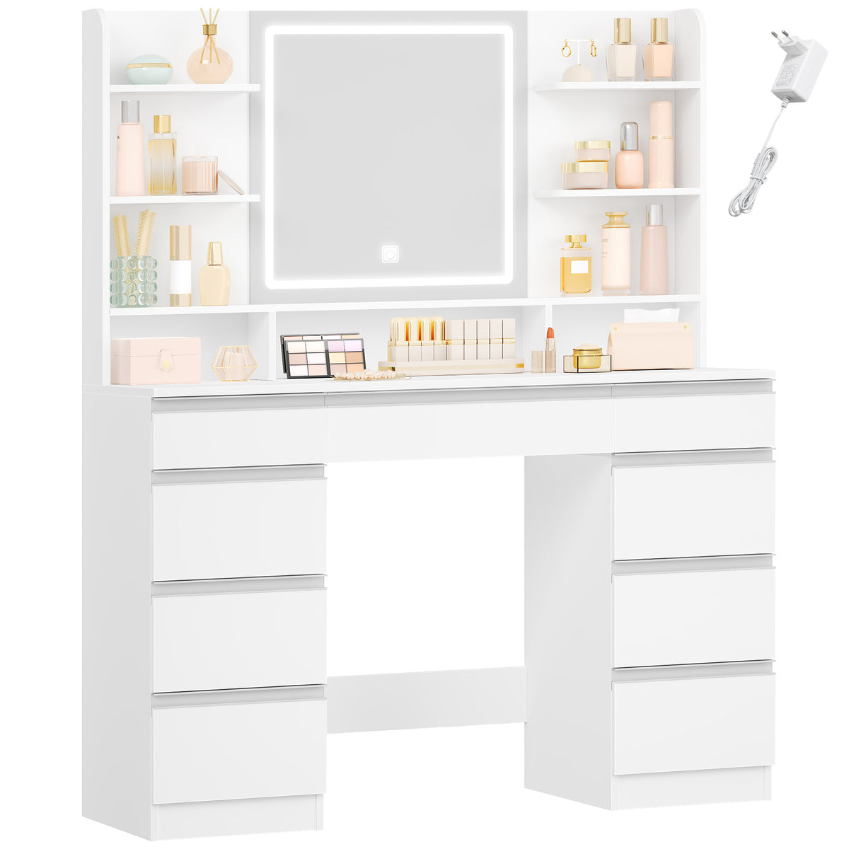 Hzuaneri Large Vanity Table with LED Lighting, 3 Colors, Brightness Control, Vanity Table with Mirror, 9 Drawers, 9 Open Shelves, Modern Style, White-Silver DT41903W