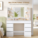 Hzuaneri Large Vanity Table with LED Lighting, 3 Colors, Brightness Control, Vanity Table with Mirror, 9 Drawers, 9 Open Shelves, Modern Style, White-Silver DT41903W