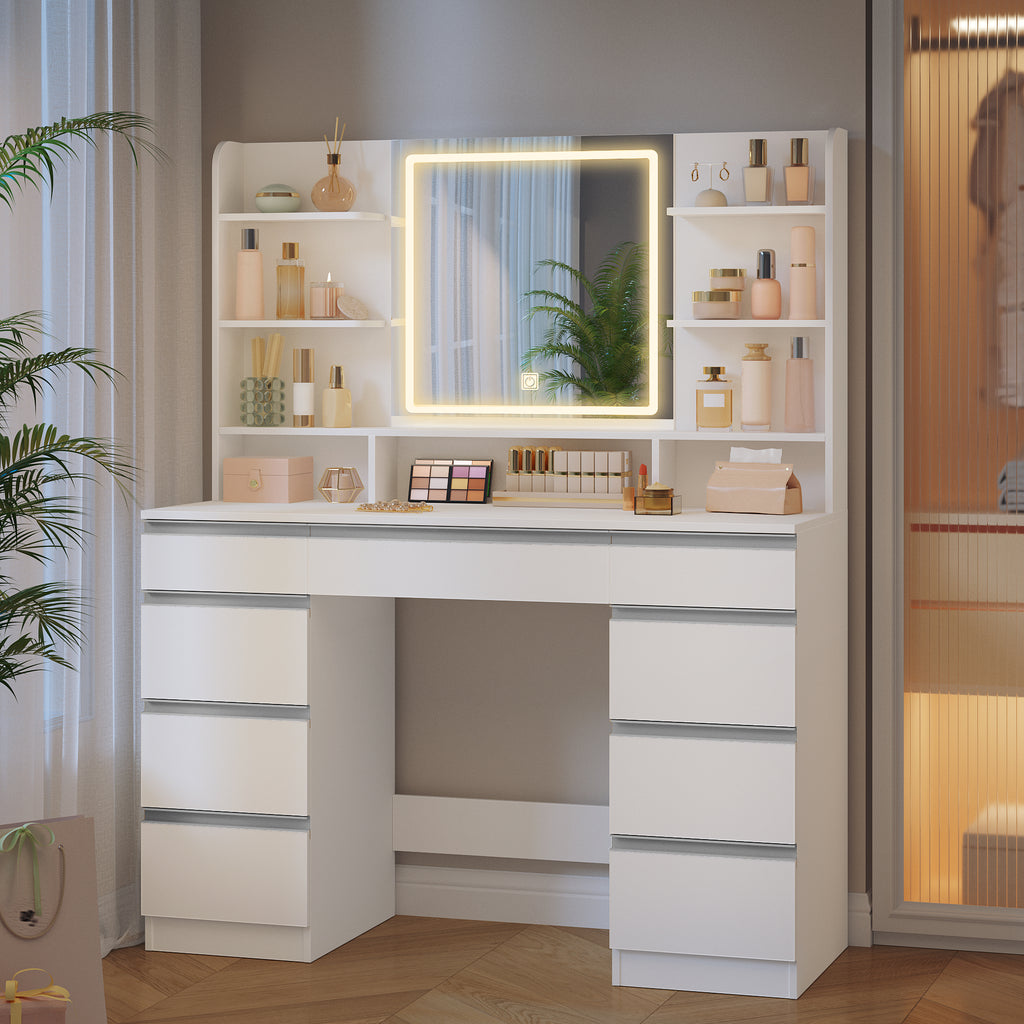 Hzuaneri Large Vanity Table with LED Lighting, 3 Colors, Brightness Control, Vanity Table with Mirror, 9 Drawers, 9 Open Shelves, Modern Style, White-Silver DT41903W