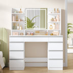 Hzuaneri Large Vanity Table with LED Lighting, 3 Colors, Brightness Control, Vanity Table with Mirror, 9 Drawers, 9 Open Shelves, Modern Style, White-Silver DT41903W