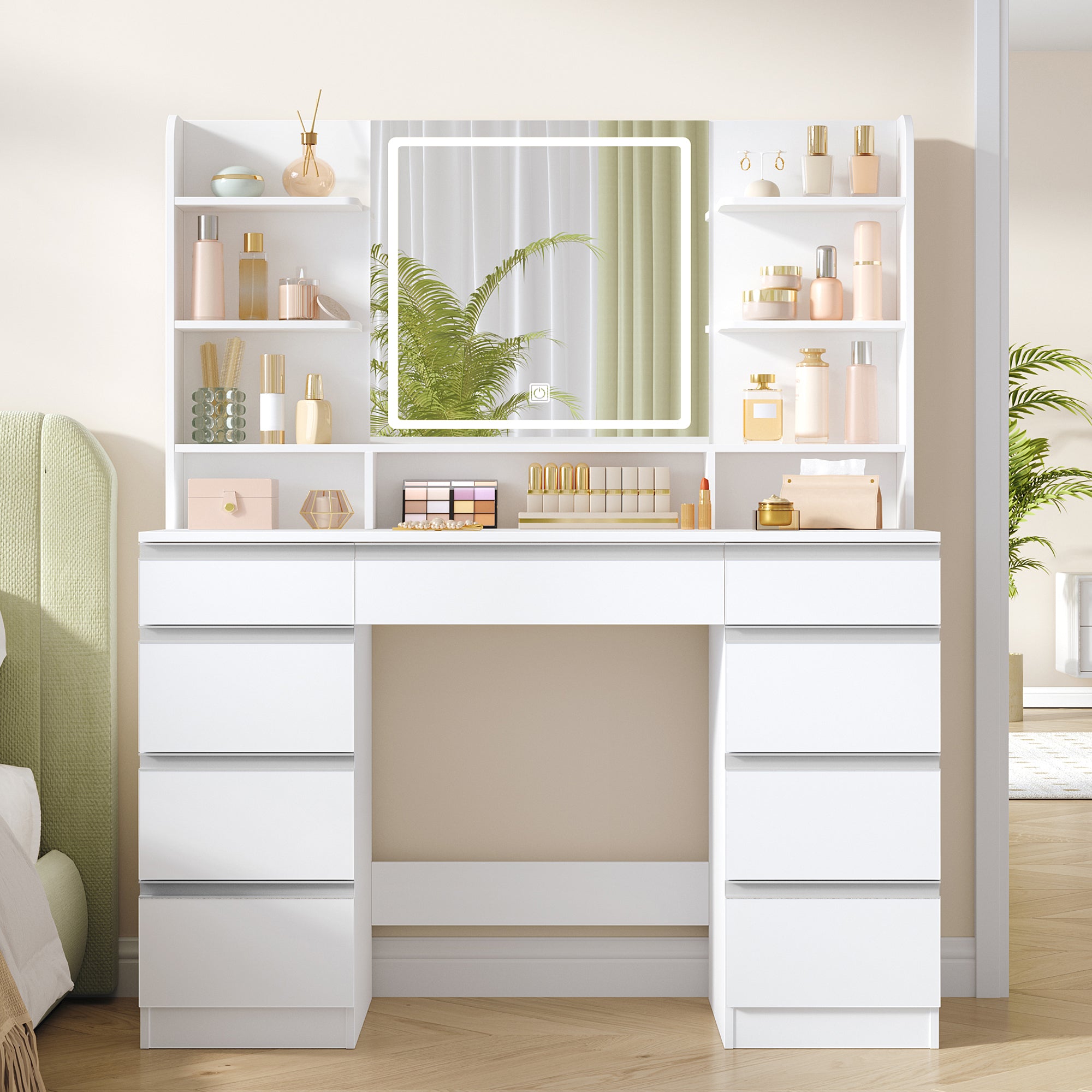 Hzuaneri Large Vanity Table with LED Lighting, 3 Colors, Brightness Control, Vanity Table with Mirror, 9 Drawers, 9 Open Shelves, Modern Style, White-Silver DT41903W