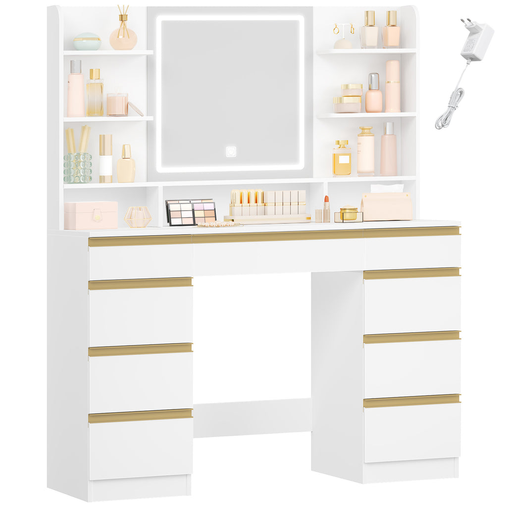 Hzuaneri Large Vanity Table with LED Lighting, 3 Colors, Brightness Control, Vanity Table with Mirror, 9 Drawers, 9 Open Shelves, Modern Style, White-Gold DT41903X