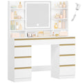 Hzuaneri Large Vanity Table with LED Lighting, 3 Colors, Brightness Control, Vanity Table with Mirror, 9 Drawers, 9 Open Shelves, Modern Style, White-Gold DT41903X