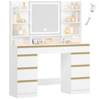 Hzuaneri Large Vanity Table with LED Lighting, 3 Colors, Brightness Control, Vanity Table with Mirror, 9 Drawers, 9 Open Shelves, Modern Style, White-Gold DT41903X