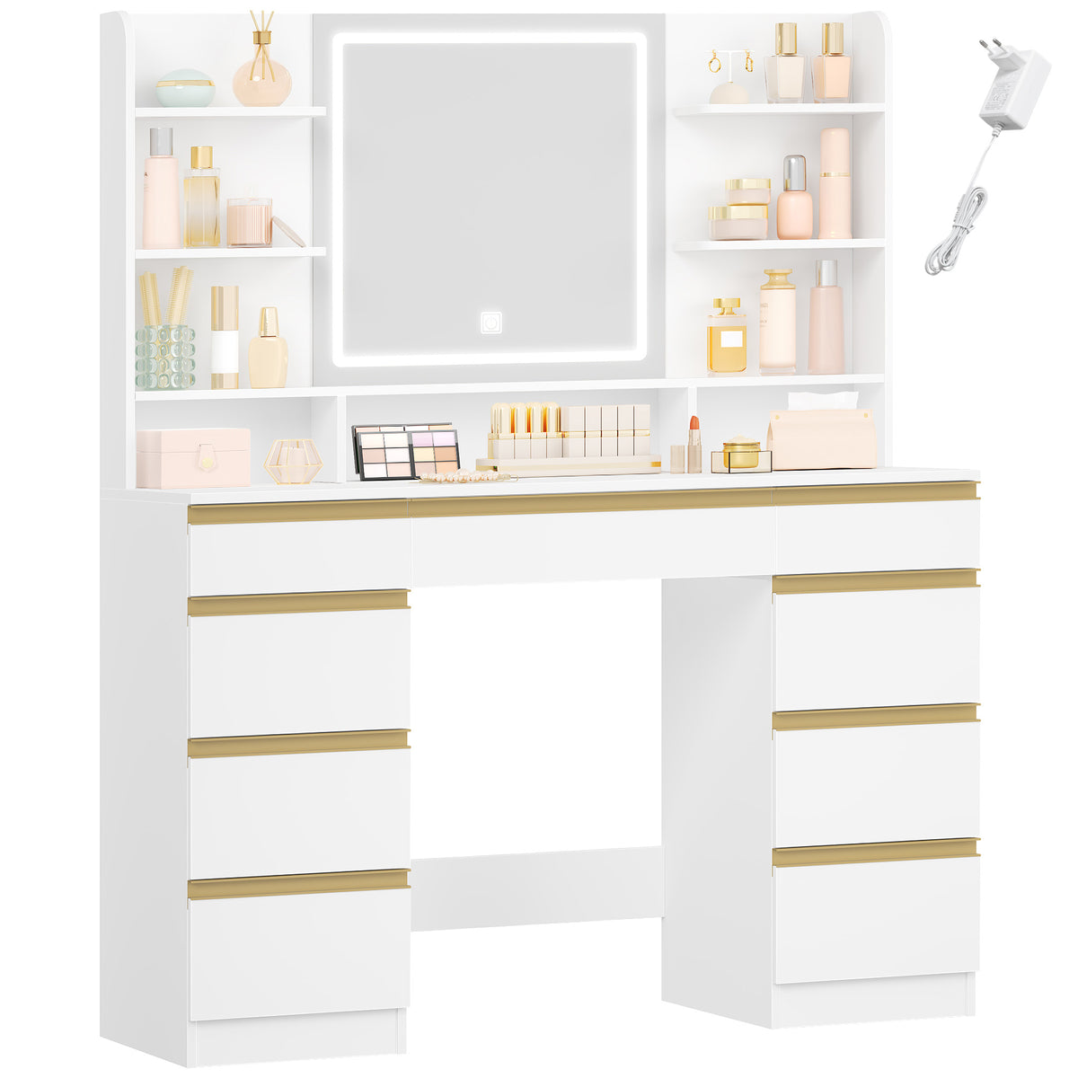 Hzuaneri Large Vanity Table with LED Lighting, 3 Colors, Brightness Control, Vanity Table with Mirror, 9 Drawers, 9 Open Shelves, Modern Style, White-Gold DT41903X