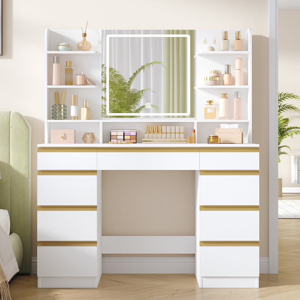 Hzuaneri Large Vanity Table with LED Lighting, 3 Colors, Brightness Control, Vanity Table with Mirror, 9 Drawers, 9 Open Shelves, Modern Style, White-Gold DT41903X