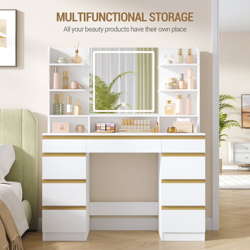 Hzuaneri Large Vanity Table with LED Lighting, 3 Colors, Brightness Control, Vanity Table with Mirror, 9 Drawers, 9 Open Shelves, Modern Style, White-Gold DT41903X