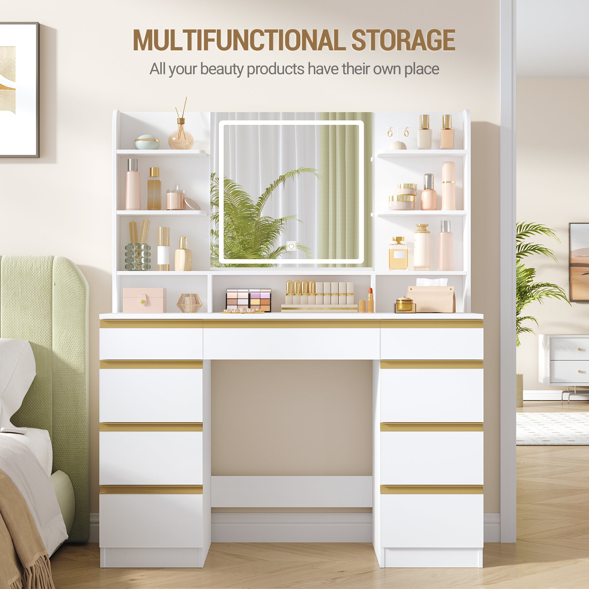 Hzuaneri Large Vanity Table with LED Lighting, 3 Colors, Brightness Control, Vanity Table with Mirror, 9 Drawers, 9 Open Shelves, Modern Style, White-Gold DT41903X